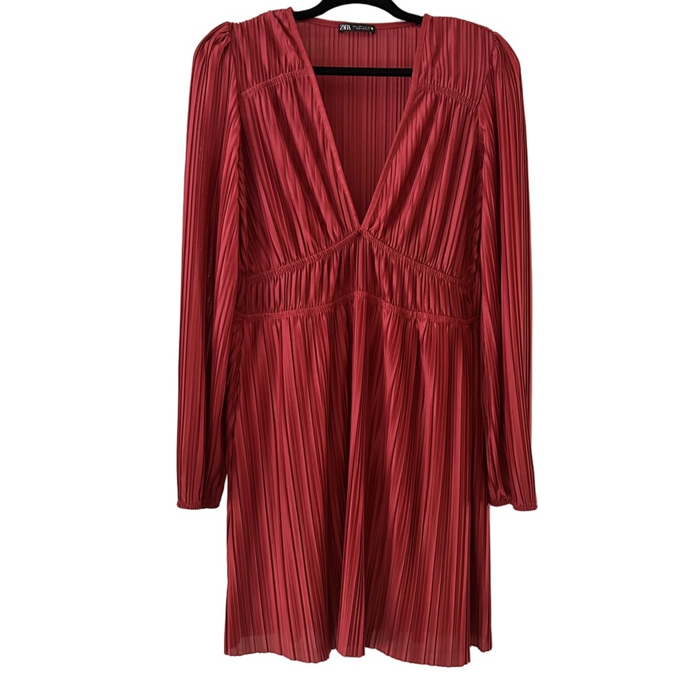 ZARA Plisse Brick Red Pleated Satin Mini Dress, Size Large